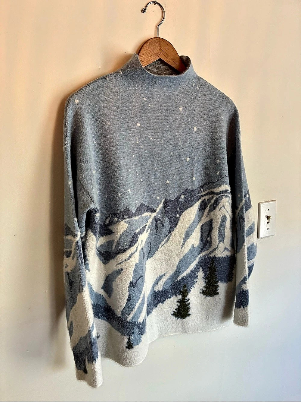 Tahari Mockneck Snowy Mountain Scenic Knit Sweater Blue & White Medium